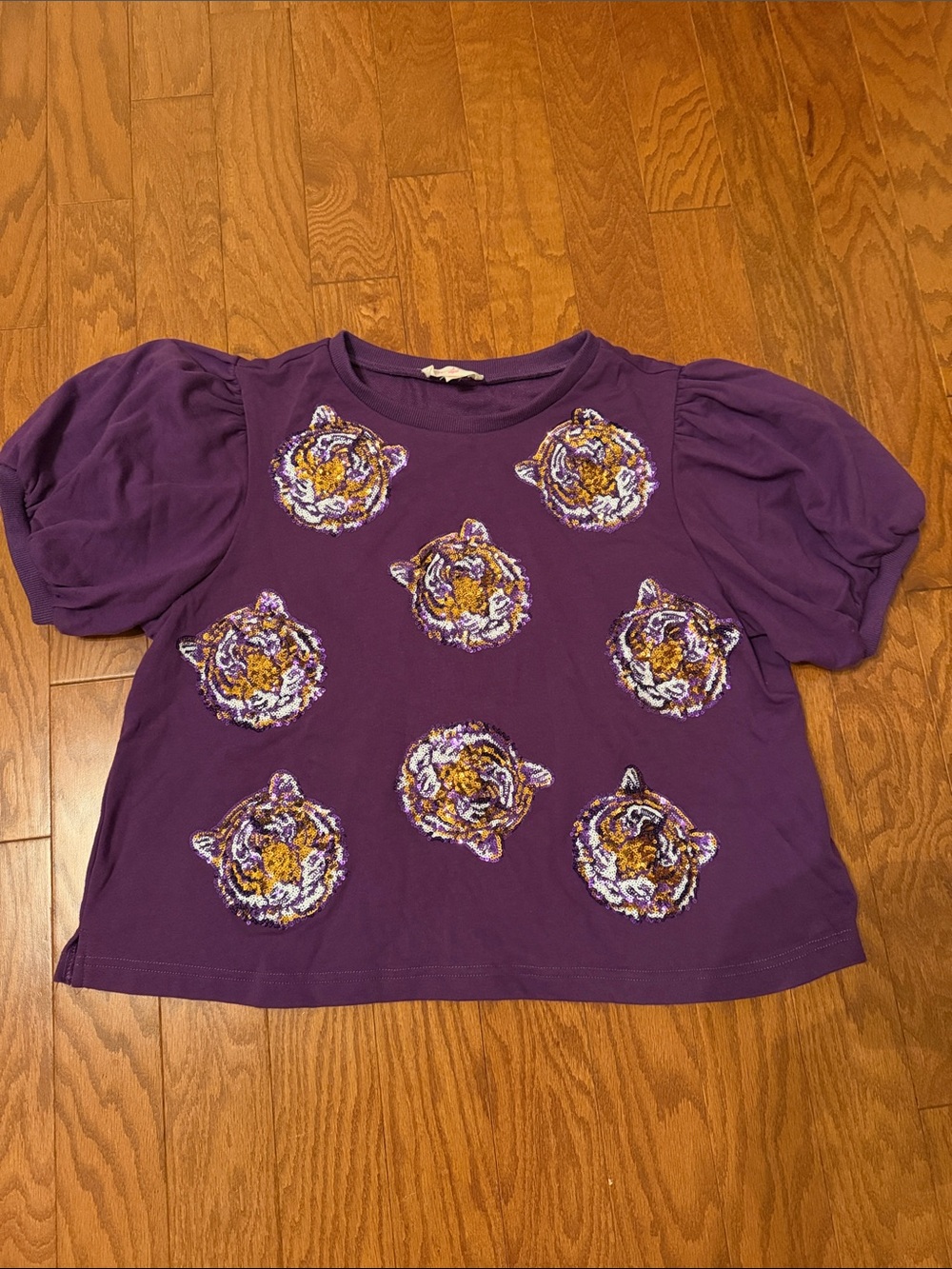 LSU Game Day Purple Sequin Tiger Puff Sleeve Top